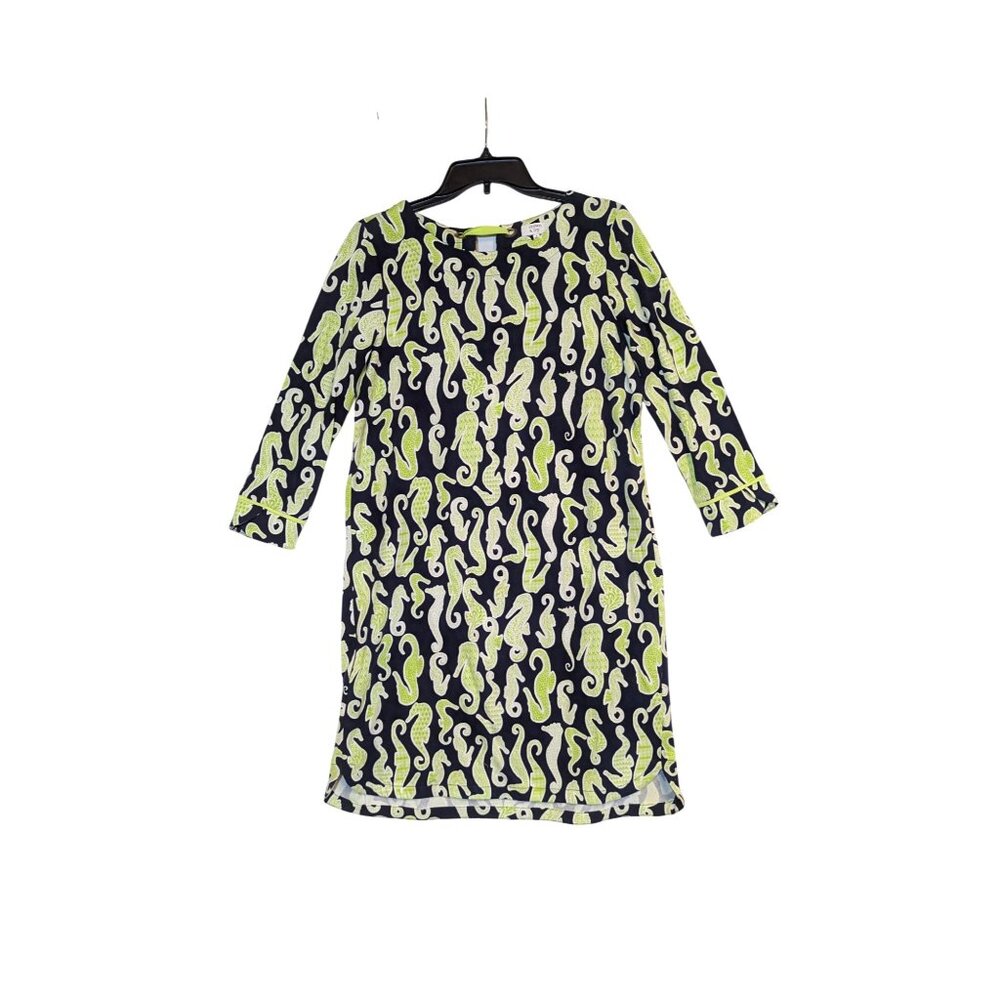 Crown & Ivy Seahorse Print Navy & Lime Green Dress S Cotton Blend 3/4 Sleeve Cas